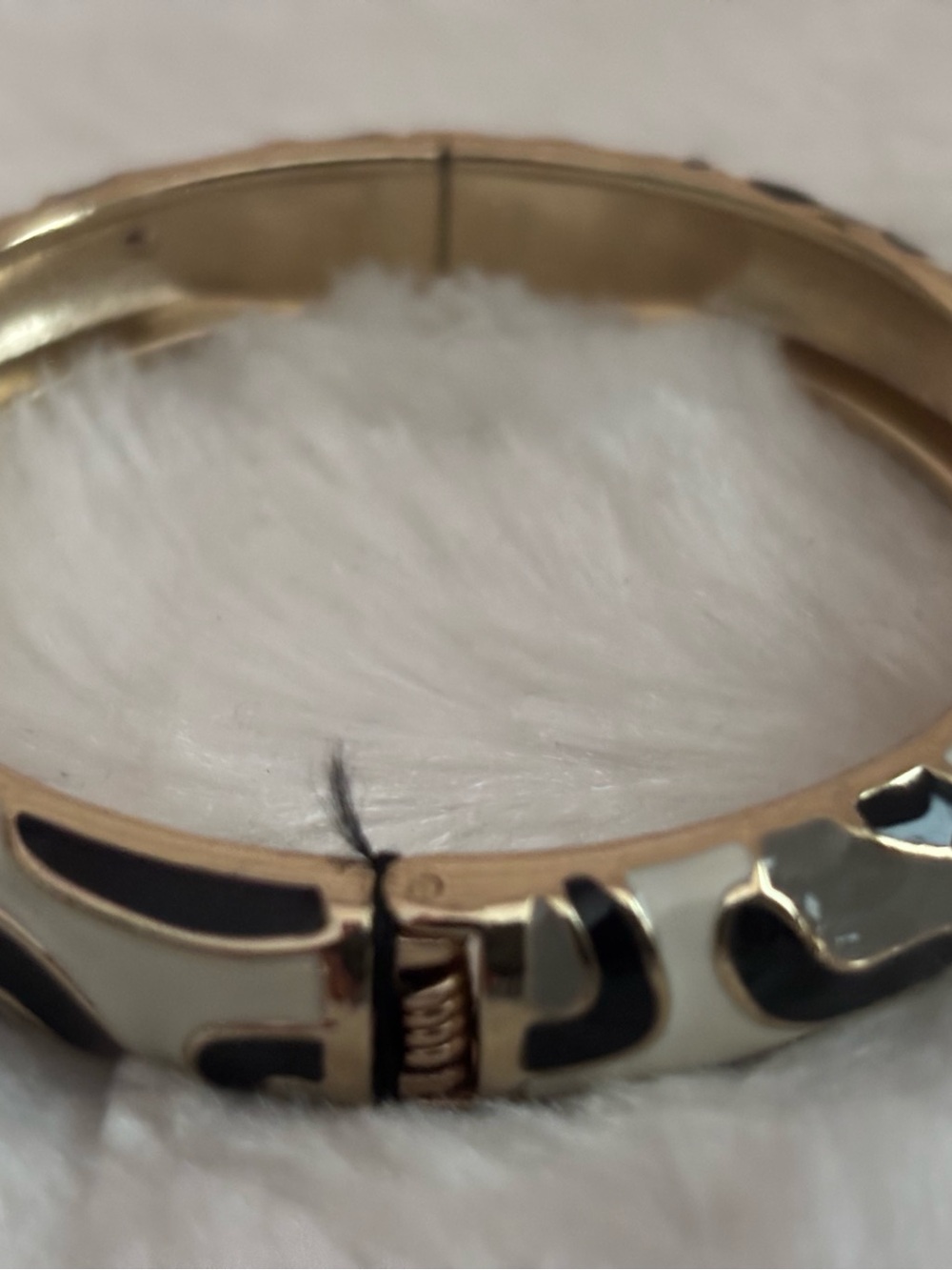 Gold-Tone Black and White Enamel Hinged Bangle Bracelet